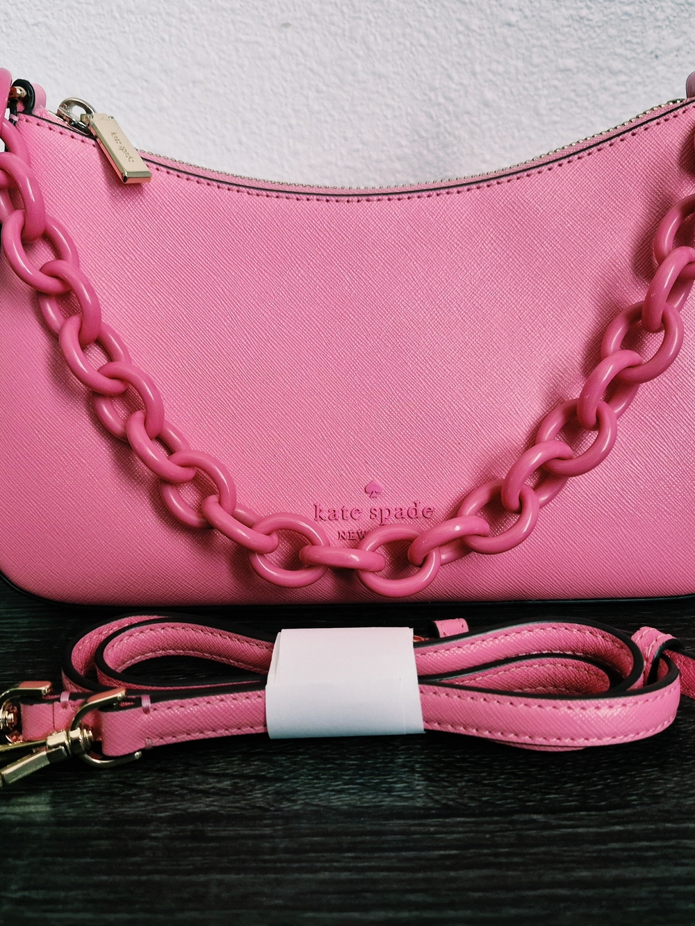 Kate Spade New York Pink Resin Chain Handle Saffiano Leather Convertible Bag